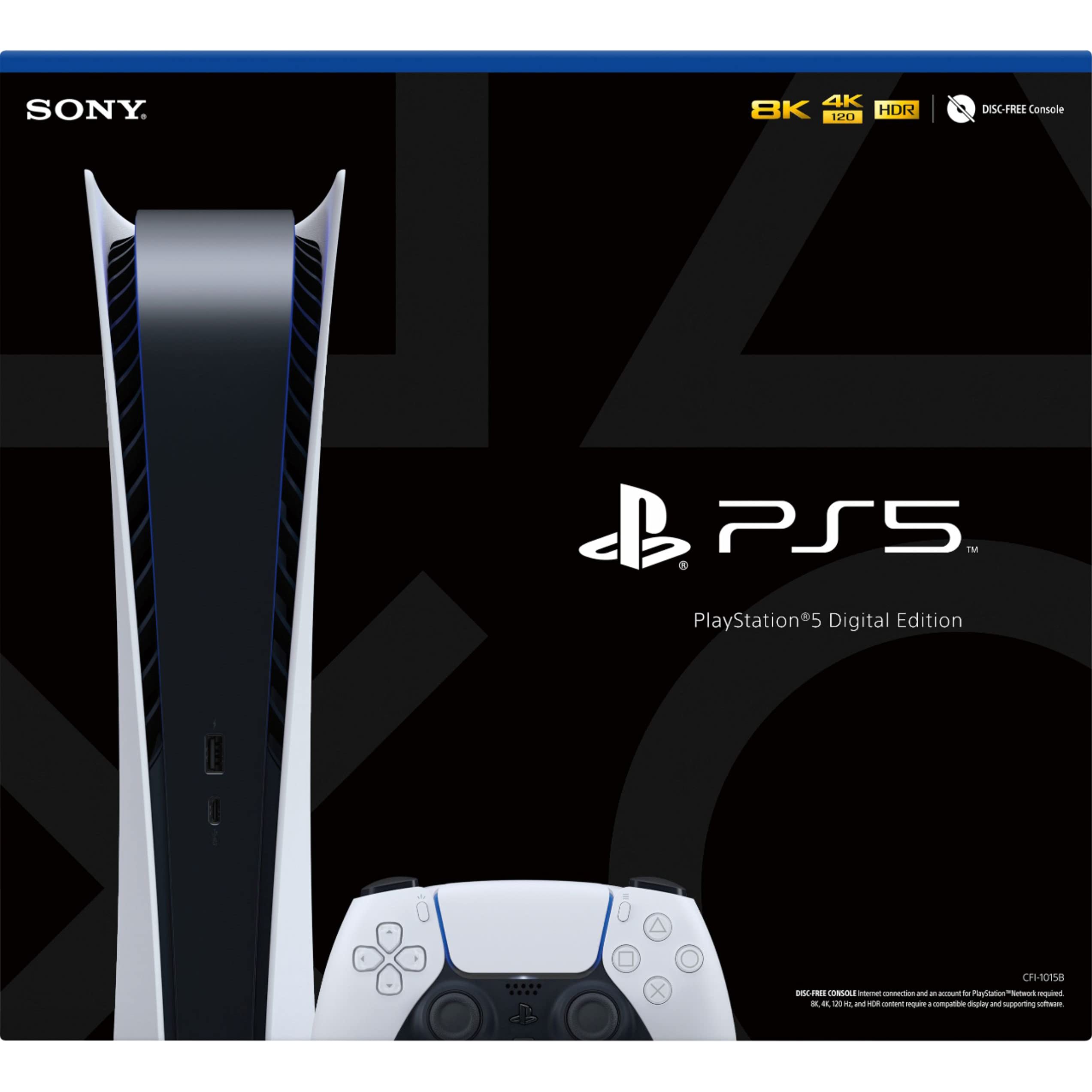 PS5 - Sony PlayStation 5 Digital Edition Gaming Console + Wireless Controller - 16GB GDDR6 RAM, 825GB SSD, 120Hz 8K Output, White