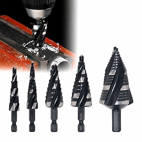 5PCS HSS Step Drill Bit Set, 4-Flute Imperial Unibit Hole Cutters for Fast Drilling and Enlarging Holes in Metal, Sheet Metal, Wood and Plastic, Multi-Size DIY