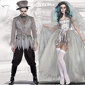 Couples Cosplay Ghost Bride Outfits Couples' Costumes Men's Women's Movie Cosplay Cosplay Costume Party Scary Costume Gray Coat Shirt Dress Carnival Masquerade