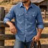 DenimTone™ Men's Shirt Casual Shirt Western Shirt Demin Shirt Acid Wash Shirt Garment Dyed Blue Black Burgundy Green Long Sleeve Plain Turndown Casual Daily Fr