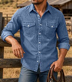DenimTone™ Men's Shirt Casual Shirt Western Shirt Demin Shirt Acid Wash Shirt Garment Dyed Blue Black Burgundy Green Long Sleeve Plain Turndown Casual Daily Fr