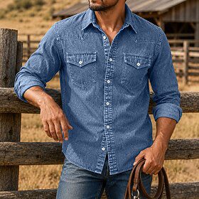 DenimTone™ Men's Shirt Casual Shirt Western Shirt Demin Shirt Acid Wash Shirt Garment Dyed Blue Black Burgundy Green Long Sleeve Plain Turndown Casual Daily Fr