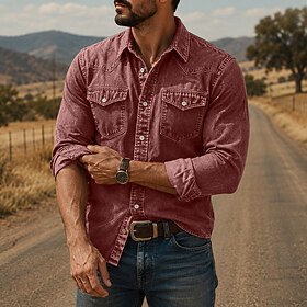 DenimTone™ Men Shirt Casual Shirt Cargo Shirt Demin Shirt Acid Wash Shirt Garment Dyed Blue Black Burgundy Green Long Sleeve Plain Turndown Casual Daily Front
