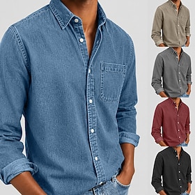 DenimTone™ Men Shirt Casual Shirt Demin Shirt Acid Wash Shirt Garment Dyed Blue Black Burgundy Green Light Blue Long Sleeve Plain Turndown Casual Daily Front P