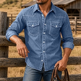 DenimTone™ Men's Shirt Casual Shirt Western Shirt Demin Shirt Acid Wash Shirt Garment Dyed Blue Black Burgundy Green Long Sleeve Plain Turndown Casual Daily Fr