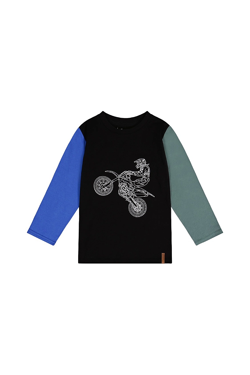 Deux par Deux Boys' Long Sleeve Motorcycle Crew Neck Cotton T-Shirt - Little Kid, Big Kid