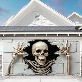 Halloween Garage Door Cover White Skull Hanging Tapestry Haunted House Decoration Creepy Outdoor Halloween Decor Spooky Horror Party Supplies for Yard Garden G