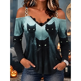 Halloween Women's Blouse Patchwork Print Graphic Cat Vintage Stylish Classic Long Sleeve V Neck Regular Tops Casual Daily Going out Blue Black Red Spring Fall