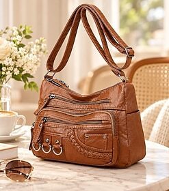 Women's Vintage Faux Leather Crossbody Bag with Multiple Zipper Pockets – Casual Shoulder Handbag for Everyday Use