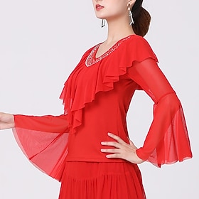 Latin Dance Ballroom Dance Top Pure Color Crystals / Rhinestones Tulle Women's Performance Training Long Sleeve High Terylene