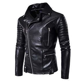 Men's Faux Leather Jacket Biker Jacket Motorcycle Jacket Vacation Daily Windproof Warm Pocket Fall Winter Plain Fashion Classic Lapel Regular Black Jacket