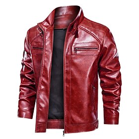 Men's Faux Leather Jacket Biker Jacket Red Leather Jacket Motorcycle Jacket Vacation Daily Windproof Warm Pocket Fall Winter Plain Fashion Classic Stand Collar
