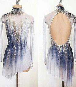 Figure Skating Dress Women's Girls' Ice Skating Dress Blue White Patchwork Open Back Mesh Spandex High Elasticity Training Competition Skating Wear Classic Cry