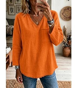 Women's Shirt Blouse Pocket Plain Active Fashion Streetwear Long Sleeve V Neck Regular Tops Casual Daily Outdoor Blue Black Orange Beige Grey Fall Winter