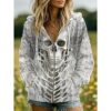 Halloween Women's Giant Skull Skeleton Ribcage Graphic Zip Up Hoodie 3D Anatomy Print Long Sleeve Drawstring Hood Pocket White Gray
