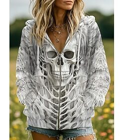 Halloween Women's Giant Skull Skeleton Ribcage Graphic Zip Up Hoodie 3D Anatomy Print Long Sleeve Drawstring Hood Pocket White Gray
