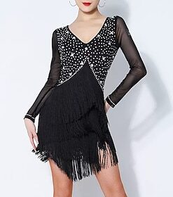Latin Dance Dress Tassel Splicing Crystals / Rhinestones Women's Performance Training Long Sleeve Mesh Spandex