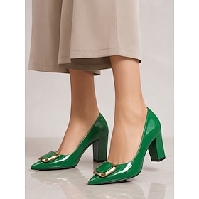 Women's Green Patent Faux Leather Block Heel Pumps - Elegant Gold Buckle Pointed Toe Work Shoes for Business, Daily Casual Wear