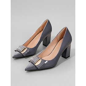 Women's Grey Patent Faux Leather Pumps - Gold Buckle Pointed Toe Chunky High Heels for Office Work, Business Meetings Formal Events