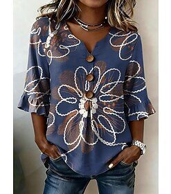 Women's Shirt Boho Shirt Casual Shirt Floral Graphic Elegant Bohemia Active 3/4 Length Sleeve V Neck Long Tops Casual Khaki Dark Blue Apricot Light Blue Summer